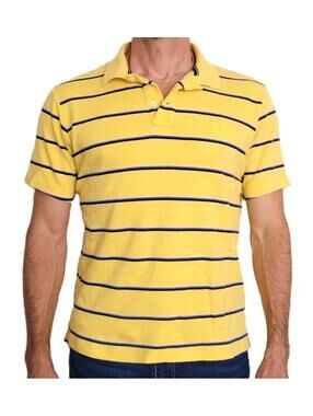 Nautica Men’s Large Polo Shirt Yellow Striped Short Sleeve Cotton Classic Fit